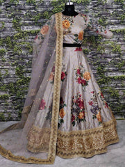 Sabyasachi Gray Floral Digital Printed Art Silk Bridal Lehenga Choli