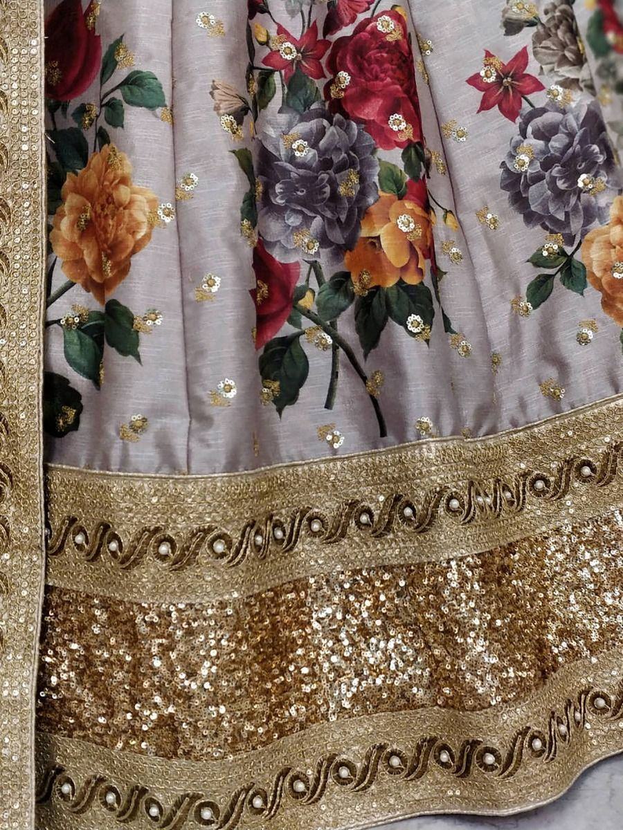 Sabyasachi Gray Floral Digital Printed Art Silk Bridal Lehenga Choli