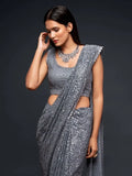 Sabyasachi Gray Color Sequins Work Party Wear Designer Saree