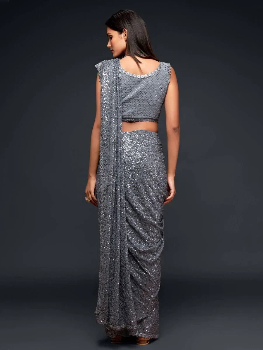 Sabyasachi Gray Color Sequins Work Party Wear Designer Saree