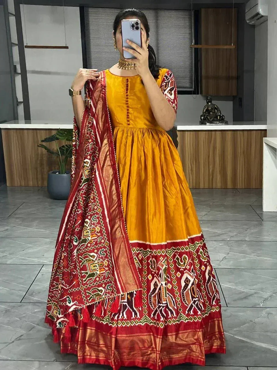 Yellow and red ethnic gown with printed dupatta, perfect for Indian occasions and festivals