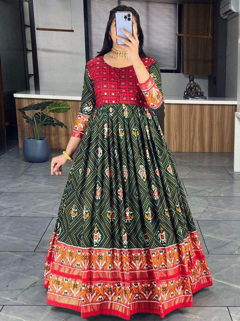 Marvelous Red & Green Bandhani Printed Silk Function Wear Gown