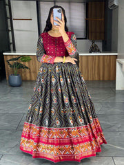 Wonderful Grey & Pink Bandhani Printed Silk Festival Wear Gown