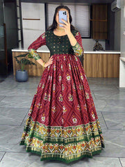 Charming Maroon & Green Bandhani Printed Silk Traditional Gown