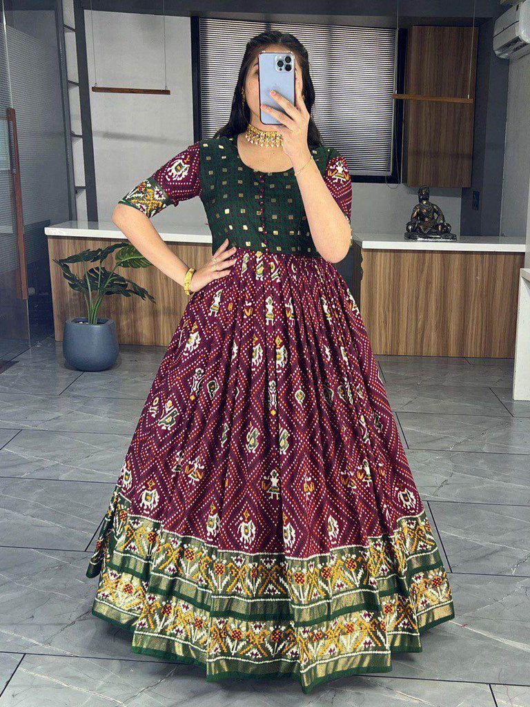 Fantastic Wine & Green Bandhani Printed Silk Event Wear Gown