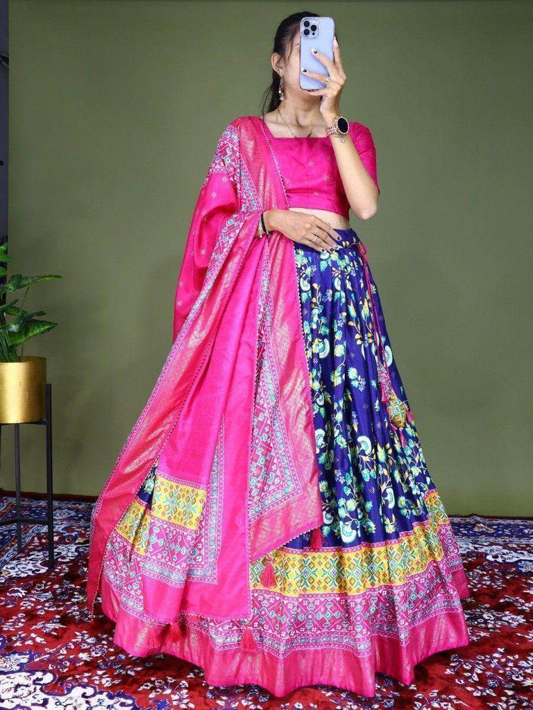 Stunning Blue Floral Printed Dola Silk Festival Wear Lehenga Choli