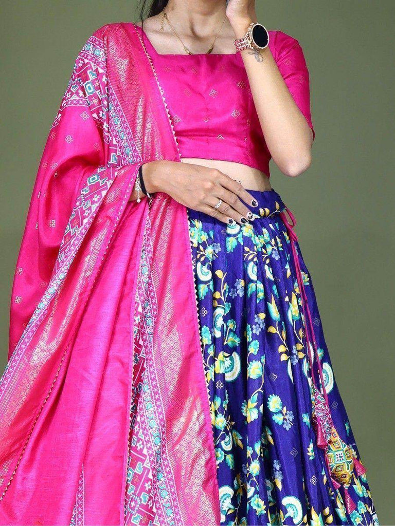 Stunning Blue Floral Printed Dola Silk Festival Wear Lehenga Choli