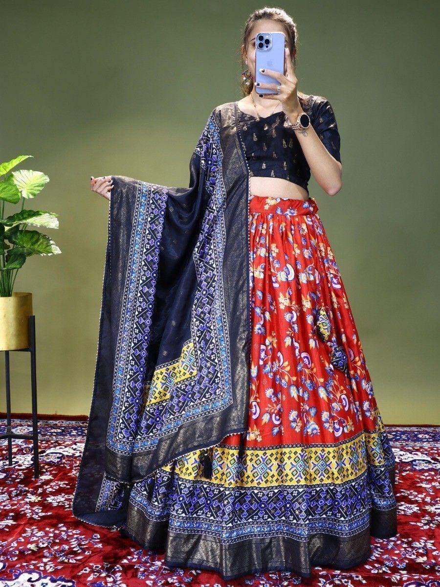 Spectacular Red Floral Printed Dola Silk Function Wear Lehenga Choli