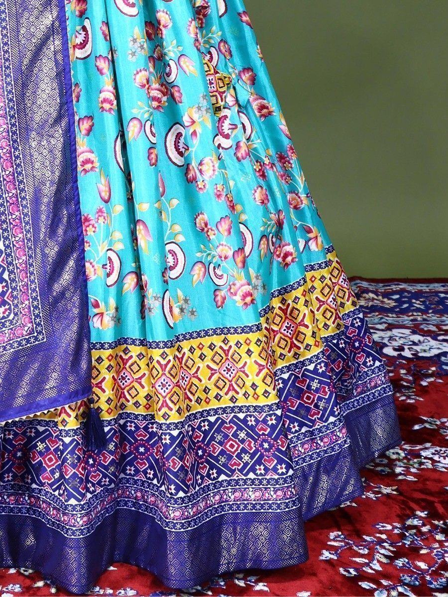 Dazzling Sea Green Floral Printed Dola Silk Lehenga Choli With Blouse