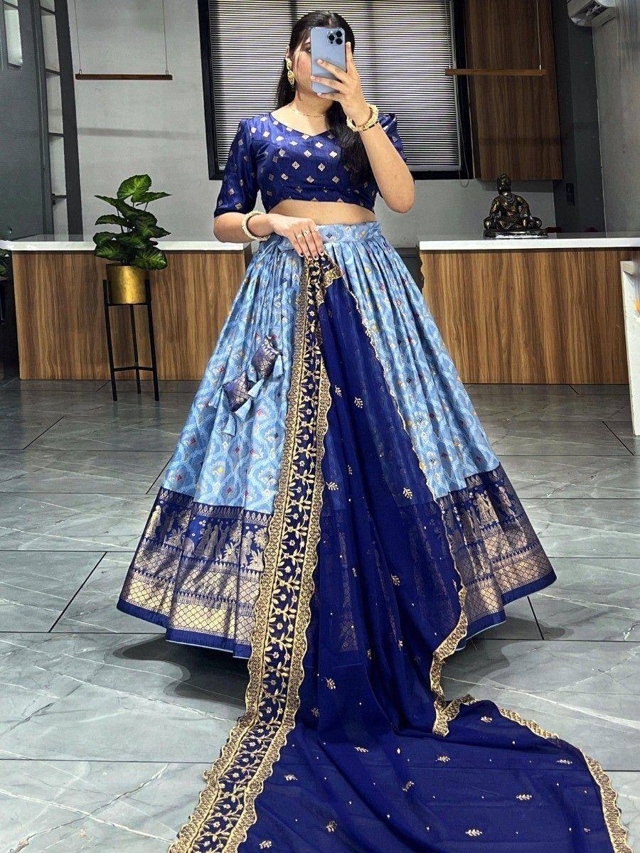Blue designer lehenga choli with gold embroidery, perfect for Indian ethnic wear occasions