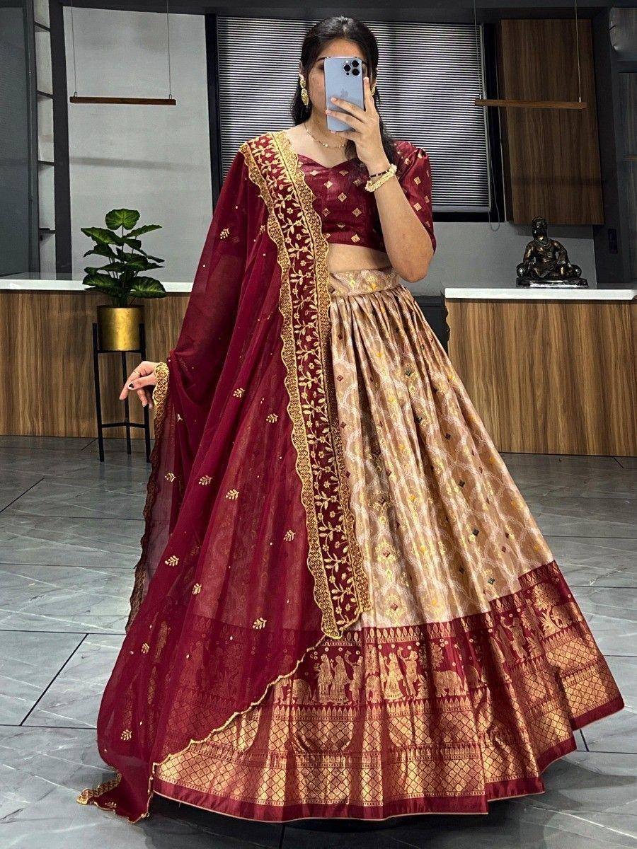 Maroon and gold designer lehenga choli with embroidered dupatta, perfect for Indian ethnic occasions