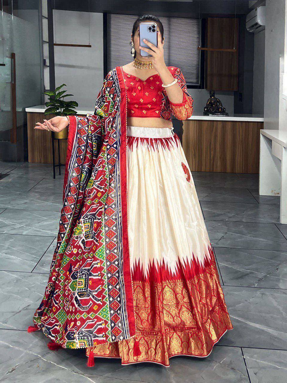 Red and cream embroidered lehenga choli with printed dupatta, Indian ethnic wear for women