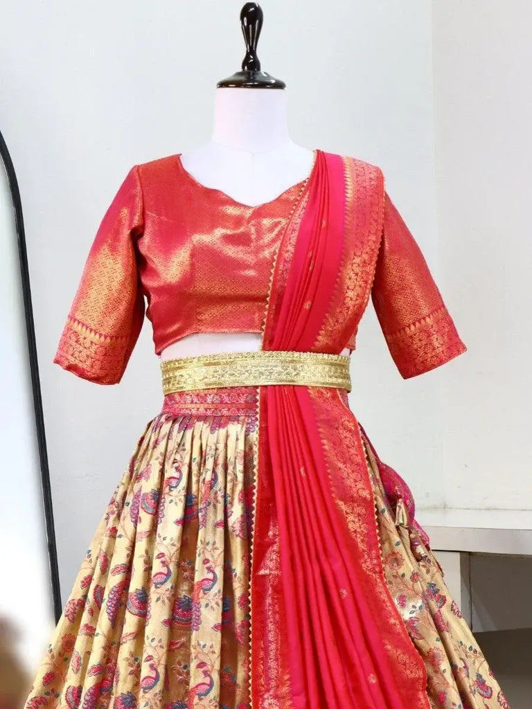 Charming Beige & Pink Zari Woven Paithani Silk Wedding Lehenga Choli