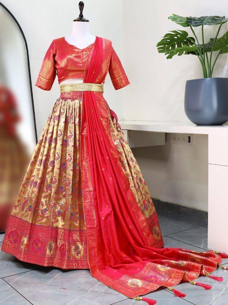 Red and gold designer lehenga choli with paisley print, perfect for Indian ethnic wear occasions