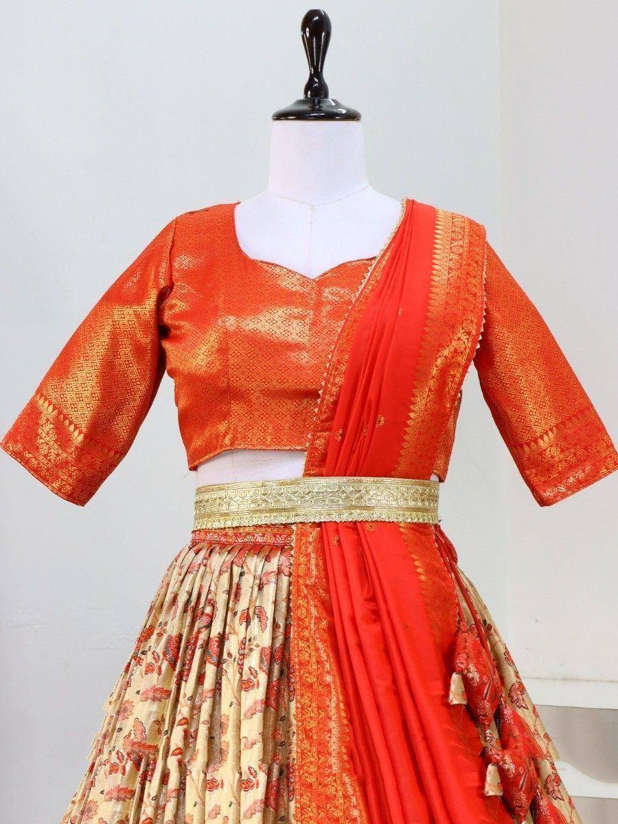Orange and gold designer lehenga choli with floral skirt and embroidered blouse
