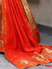 Gorgeous Beige & Red Zari Weaving Paithani Silk Wedding Lehenga Choli
