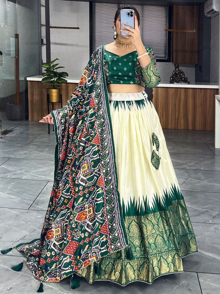 Beautiful Off-White & Green Patola Printed Silk Traditional Lehenga Choli