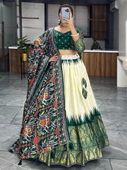 Beautiful Off-White & Green Patola Printed Silk Traditional Lehenga Choli