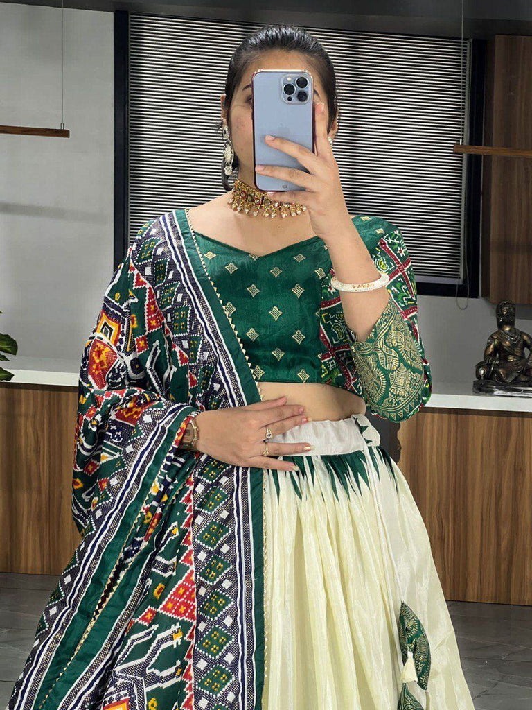 Beautiful Off-White & Green Patola Printed Silk Traditional Lehenga Choli