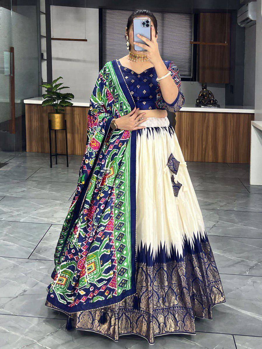 Blue and cream designer lehenga choli with colorful printed dupatta, ethnic wear for women