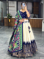 Stunning Off-White & Navy Blue Patola Printed Dola Silk Lehenga Choli