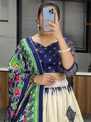 Stunning Off-White & Navy Blue Patola Printed Dola Silk Lehenga Choli