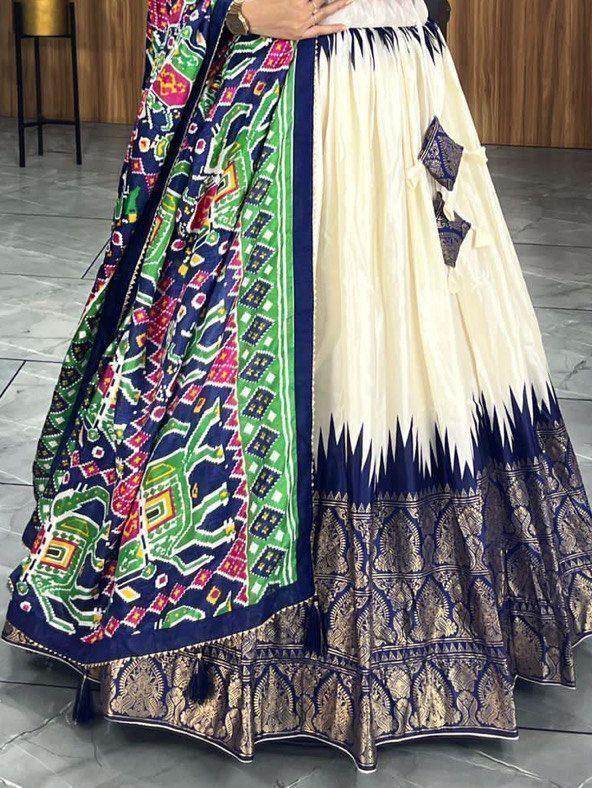 Stunning Off-White & Navy Blue Patola Printed Dola Silk Lehenga Choli