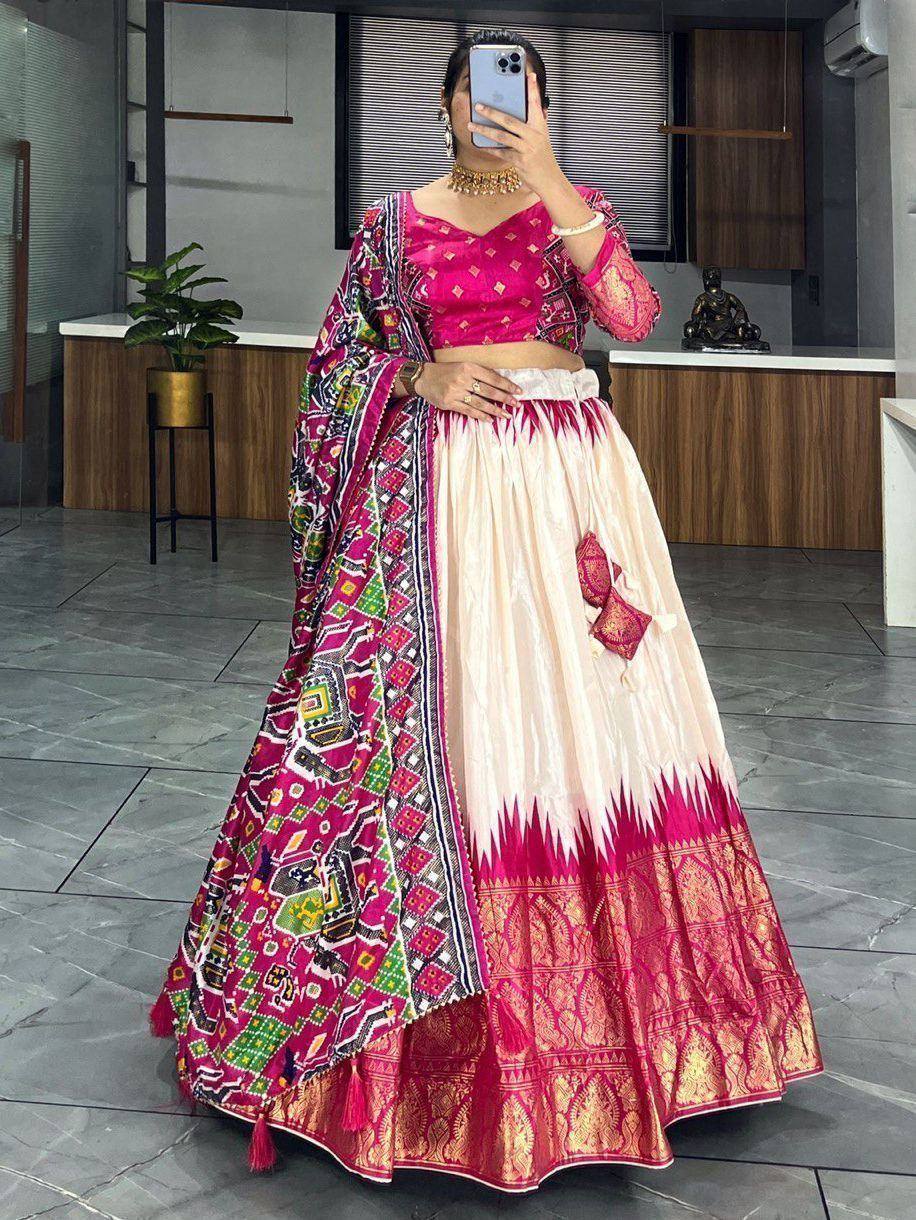 Pink and cream lehenga choli with embroidered dupatta, ethnic Indian wear for weddings and festivals