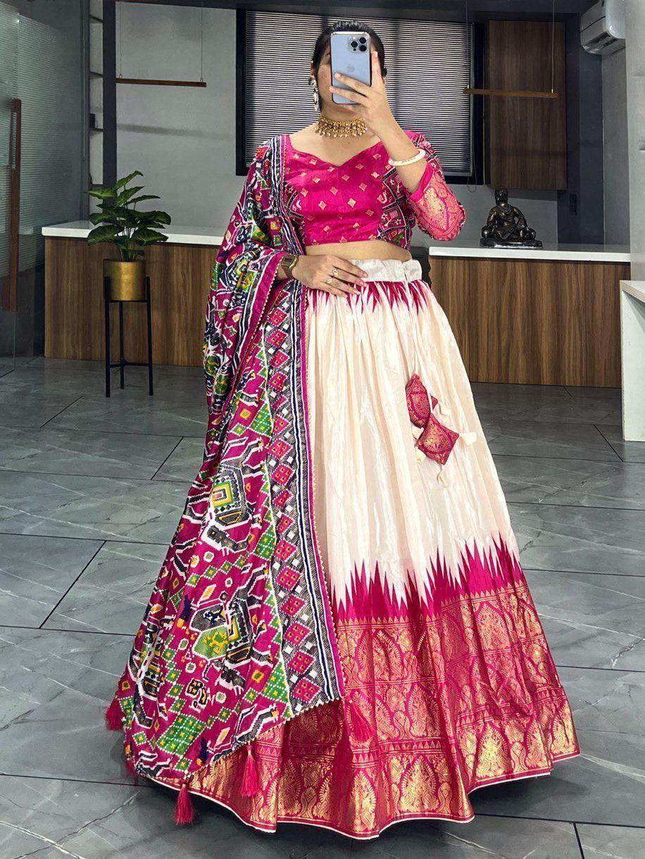 Pretty Off-White & Pink Patola Printed Silk Navratri Wear Lehenga Choli