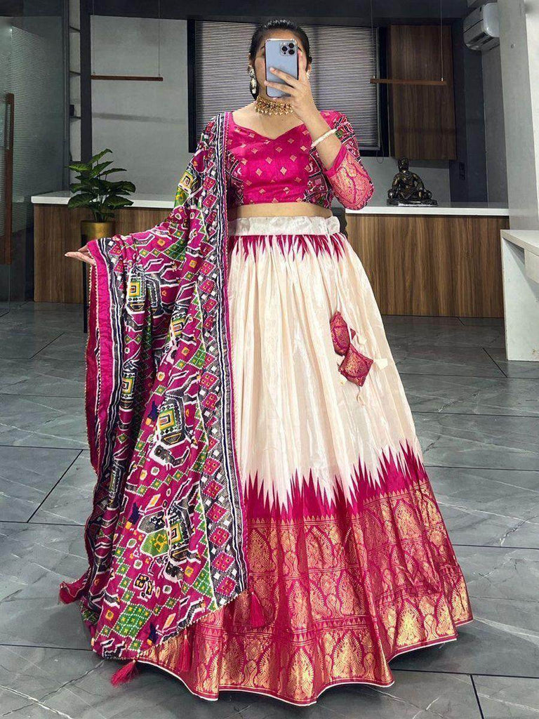 Pretty Off-White & Pink Patola Printed Silk Navratri Wear Lehenga Choli