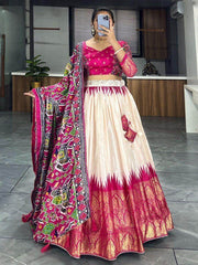Pretty Off-White & Pink Patola Printed Silk Navratri Wear Lehenga Choli