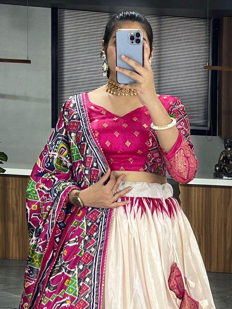 Pretty Off-White & Pink Patola Printed Silk Navratri Wear Lehenga Choli