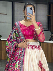 Pretty Off-White & Pink Patola Printed Silk Navratri Wear Lehenga Choli