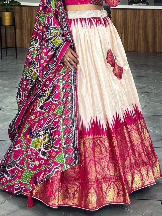 Pretty Off-White & Pink Patola Printed Silk Navratri Wear Lehenga Choli