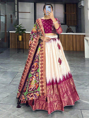 Gorgeous Off-White & Wine Patola Printed Dola Silk Lehenga Choli