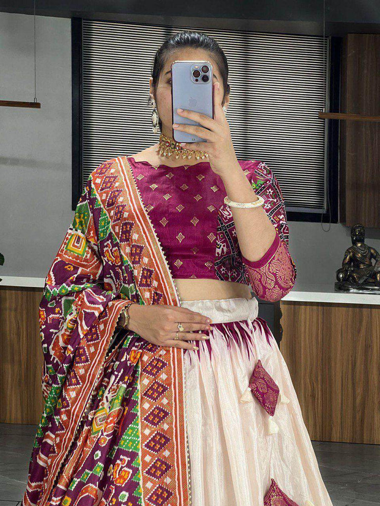 Gorgeous Off-White & Wine Patola Printed Dola Silk Lehenga Choli