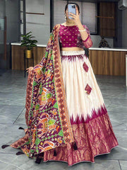 Gorgeous Off-White & Wine Patola Printed Dola Silk Lehenga Choli