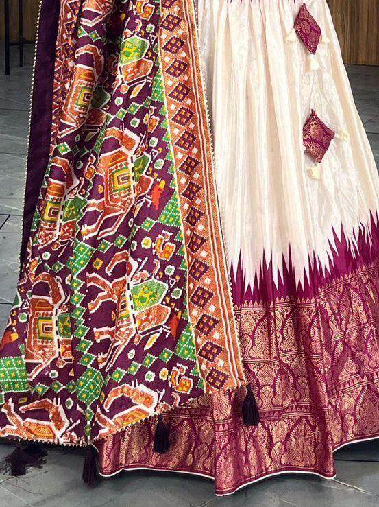 Gorgeous Off-White & Wine Patola Printed Dola Silk Lehenga Choli