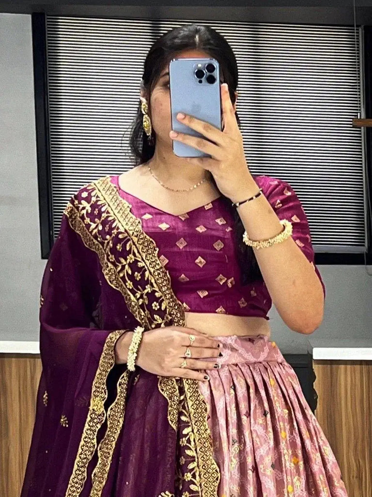 Bewitching Peach Digital Printed Dola Silk Wedding Wear Lehenga Choli