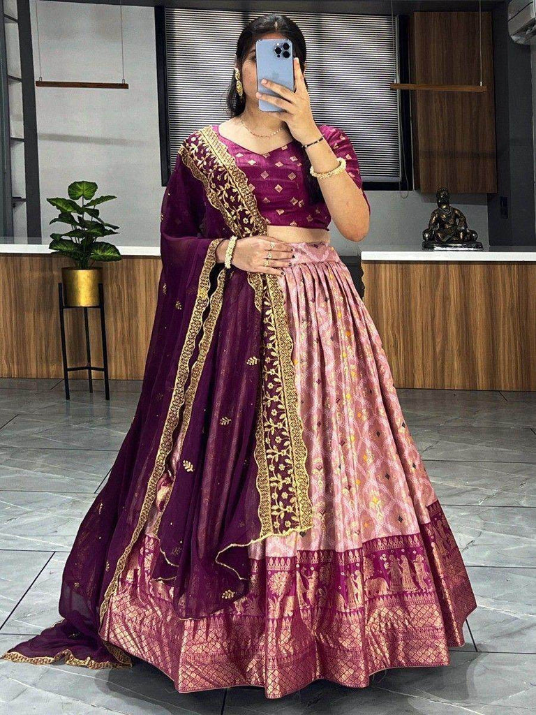 Bewitching Peach Digital Printed Dola Silk Wedding Wear Lehenga Choli