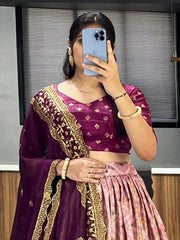 Bewitching Peach Digital Printed Dola Silk Wedding Wear Lehenga Choli