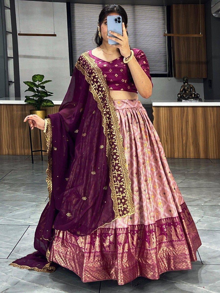 Purple and pink lehenga choli with gold embroidery, perfect for Indian ethnic wear occasions