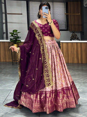 Bewitching Peach Digital Printed Dola Silk Wedding Wear Lehenga Choli