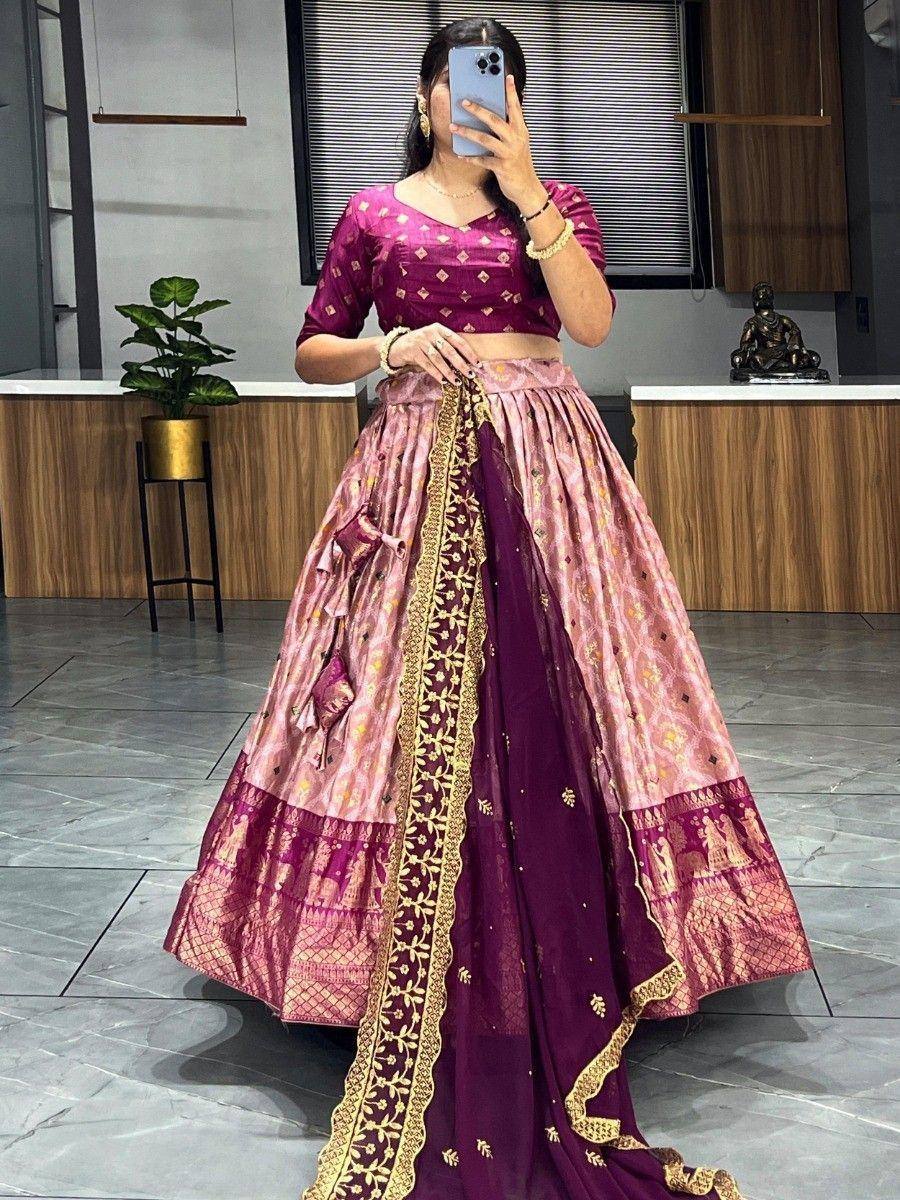Purple and pink designer lehenga choli with gold embroidery, perfect for Indian ethnic occasions