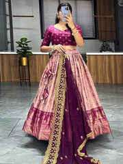 Bewitching Peach Digital Printed Dola Silk Wedding Wear Lehenga Choli