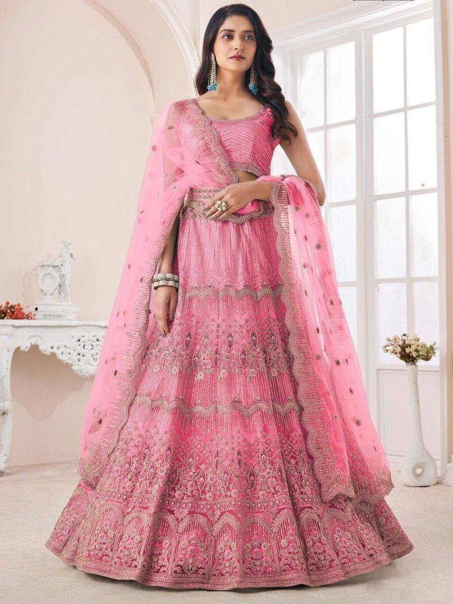 Pink designer lehenga choli with gold embroidery and sheer dupatta, ethnic Indian wear