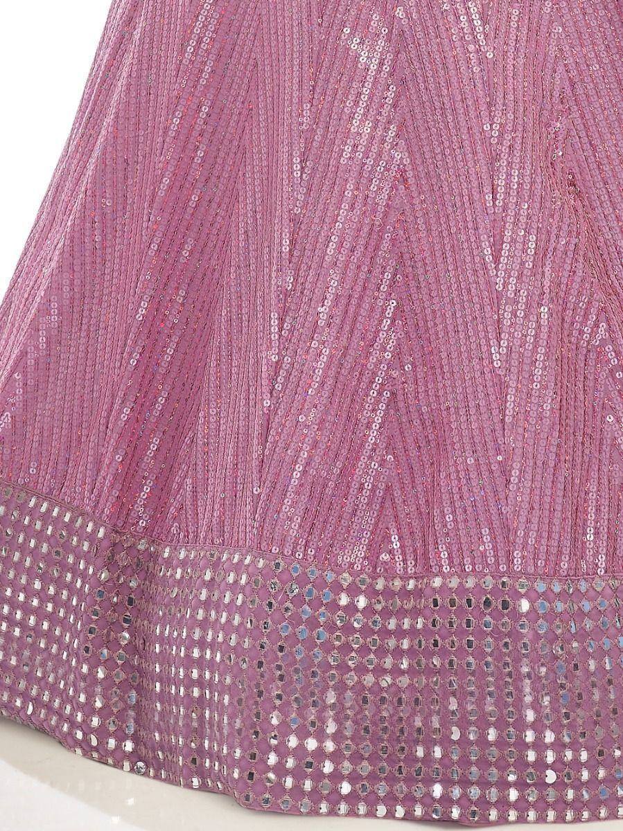Pink sequined lehenga skirt with mirror work border, ethnic Indian wear