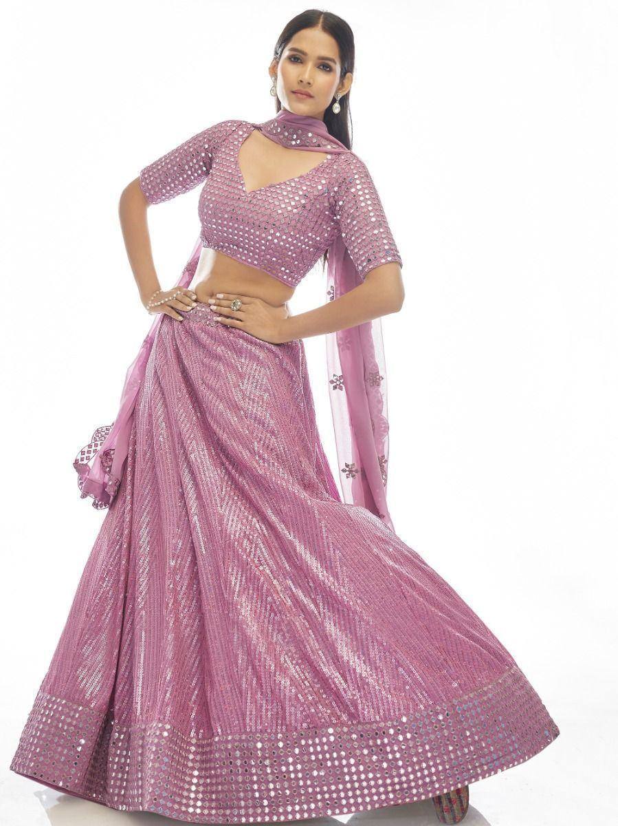 Pink sequin lehenga choli with mirror work, perfect for Indian weddings and festive occasions