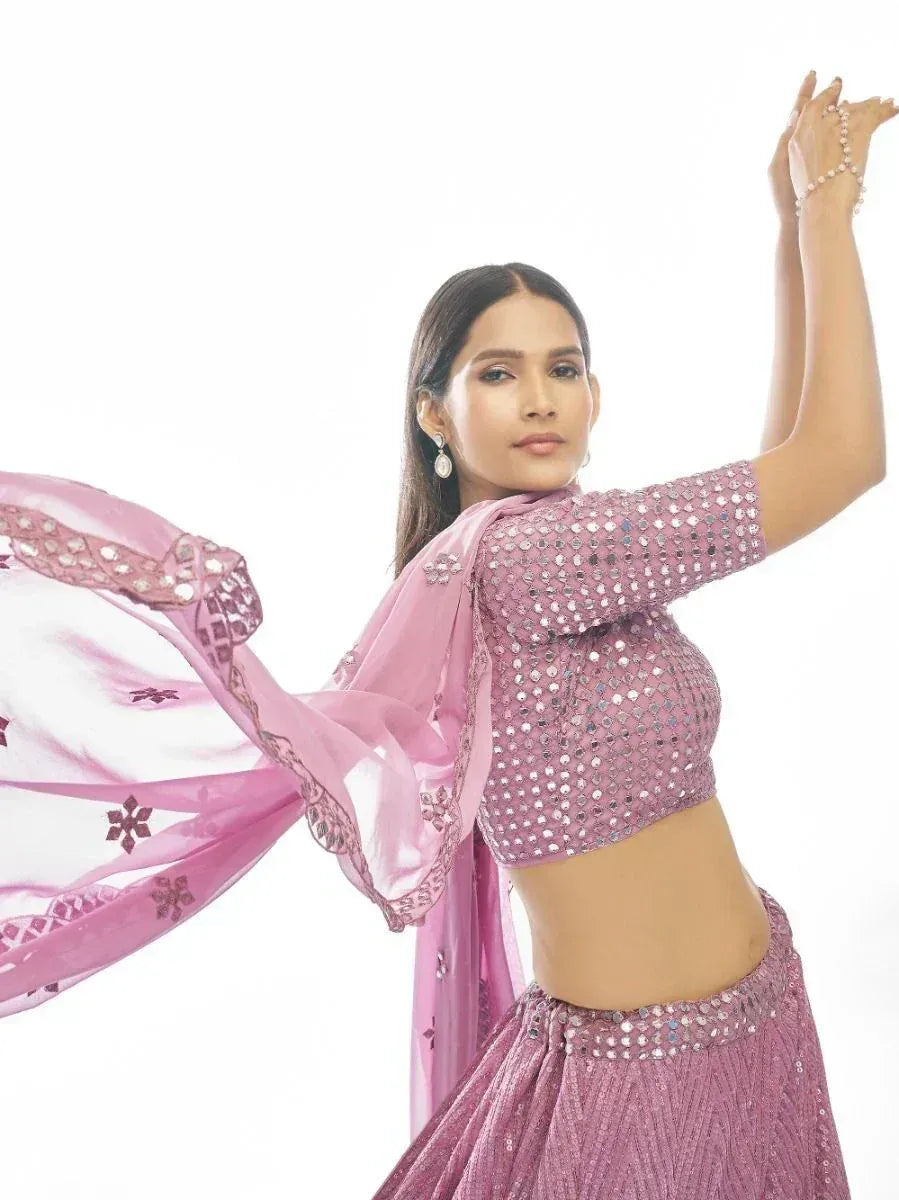 Pink sequined lehenga choli with floral dupatta, Indian ethnic wear for women