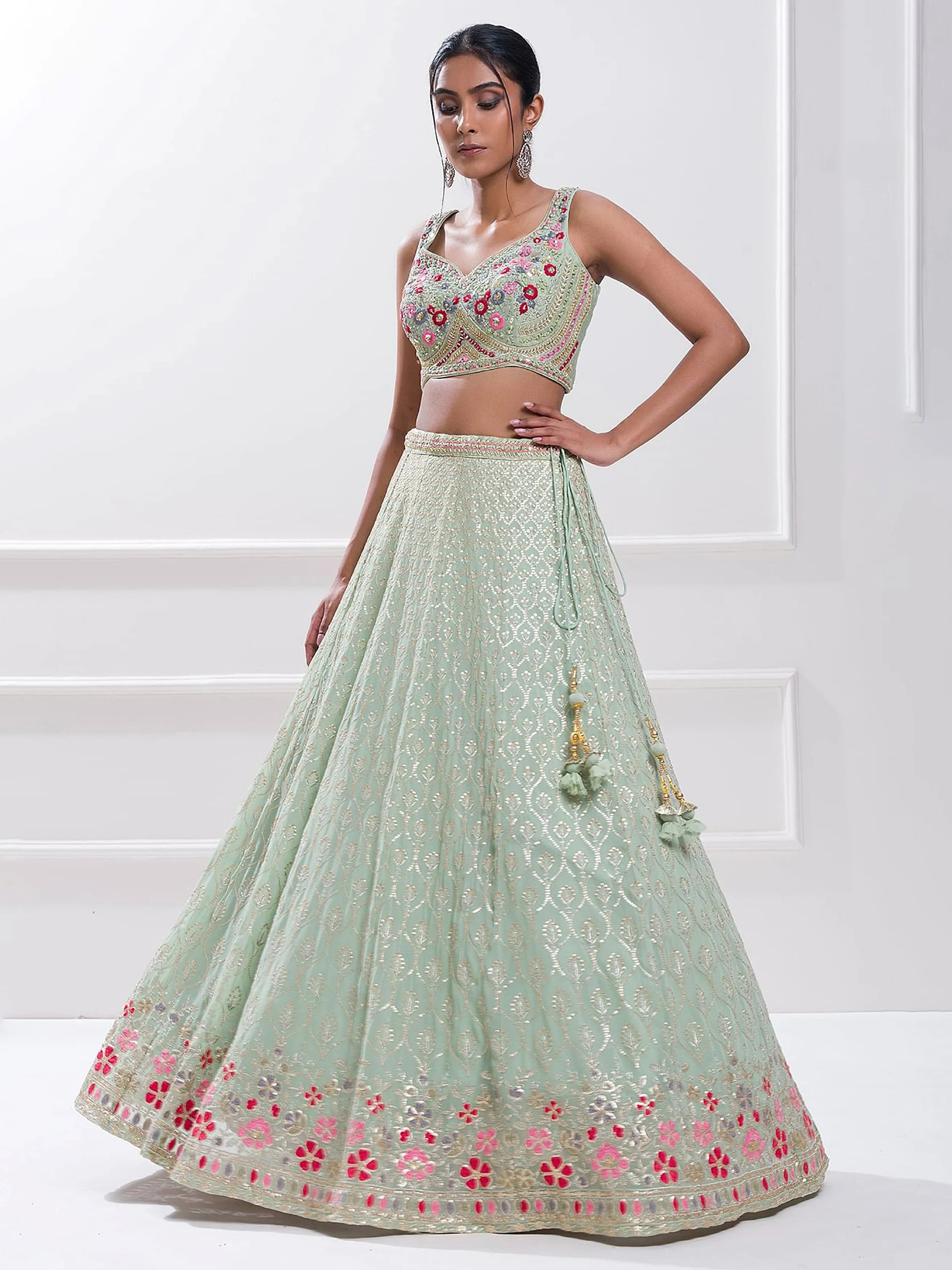 Stunning Pista Green Sequins Georgette Traditional Lehenga Choli